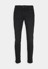 Černé džíny z denimu se slim fit střihem, pěti kapsami a zapínáním na knoflík. Vyznačují se jemnou strukturou a klasickými švy.