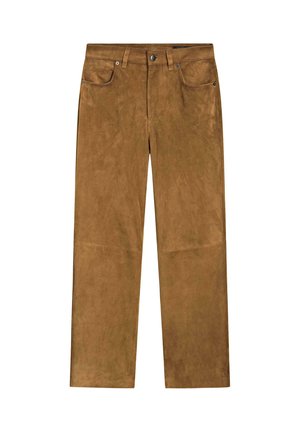 Brązowe spodnie zamszowe o prostych nogawkach, z zapięciem na guziki, pięcioma kieszeniami i gładką fakturą, zapewniające elegancki wygląd.