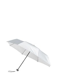 Compact witte paraplu met een zwarte handgreep, gebogen ribs en een gestructureerde grip. Voorzien van een beveiligde polsband voor gemakkelijk dragen.