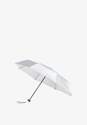Parapluie blanc compact avec une poignée noire, des baleines courbées et une prise texturée. Équipé d'une sangle de poignet sécurisée pour un transport facile.