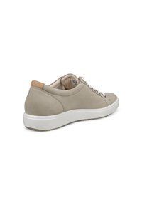 Light gray suede sneaker with white sole, round toe, and lace-up design. Features a tan accent on the heel and a smooth texture.