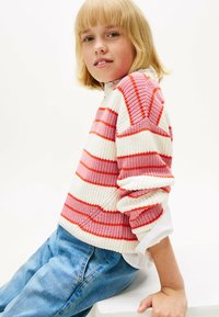 Maglione lavorato a maglia con strisce orizzontali in tonalità di rosa e rosso, caratterizzato da una vestibilità rilassata e polsini a costine. Indossato sopra una camicia bianca con colletto.