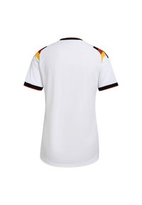 Maillot blanc à manches courtes avec des accents noirs, rouges et jaunes sur les épaules et le col. Tissu doux et texturé avec un ourlet arrondi.