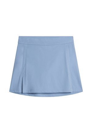 Light blue pleated skirt with a flat waistband and smooth fabric texture. Hemline is slightly curved, featuring subtle stitching details.