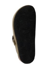 Black rubber sole with textured grip pattern. Light brown footbed with a strap and metallic buckle detail on the side.