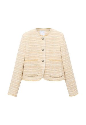 Veste cropped jaune clair avec des rayures horizontales, col rond, fermeture à boutons sur le devant et deux poches plaquées. Tissu texturé.
