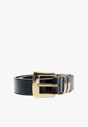 Ceinture en cuir noir enroulée avec une boucle métallique rectangulaire dorée brillante et deux passants de ceinture dorés assortis.