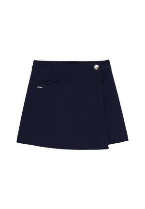 Granatowa spódnica o kopertowym fasonie, z elastycznym paskiem, przednią kieszenią i srebrnym guzikiem jako akcentem. Gładka faktura, długość do kolan.