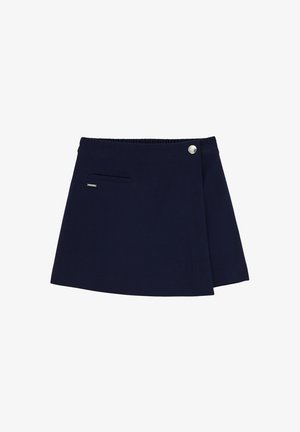 Tumesinine seelik, millel on mähise disain, elastne vöökoht, ees tasku ja hõbedane nööp. Sile tekstuur, põlveni ulatuv lõige.