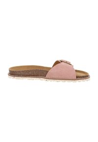 Roze ribcord slide sandalen met een ronde neus, kurken voetbed en een gestructureerde rubberen zool. Bevat een decoratieve gesp detail.