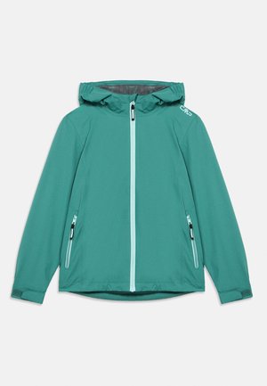 Veste softshell à capuche couleur sarcelle avec fermeture éclair à l'avant, poches latérales zippées, sangles ajustables au niveau des poignets et logo CMP sur l'épaule.