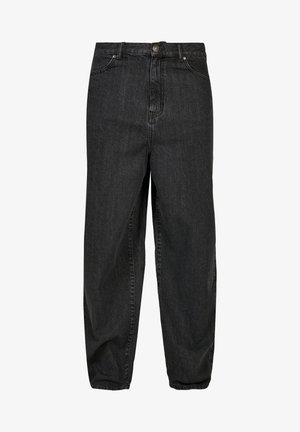 Černé denimové džíny se volným střihem, s předním zapínáním na knoflík, pěti kapsami a jemnými rozjasněnými detaily na látce.