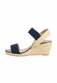 Sandali wedge blu navy con tomaia in tessuto, due fasce larghe e tacco avvolto in jut. Design open toe e soletta liscia.