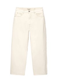 Wide-leg white jeans made of cotton, featuring five pockets, a button and zipper closure, and contrasting stitching details.