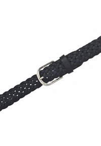 Schwarzer geflochtener Gürtel aus Leder mit einer silbernen Metallschnalle. Die Textur ist geflochten und verfügt über eine einzelne schwarze Leder-Schlaufenhalterung.