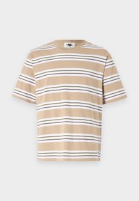 Short-sleeve t-shirt in a beige cotton blend, featuring horizontal stripes in white, dark green, and light brown. Crew neck design.