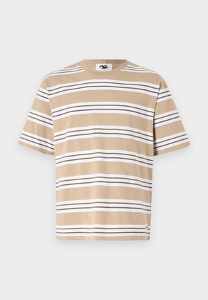 Majica s kratkimi rokavi iz bež bombažnega mešanice, ki ima vodoravne črte v beli, temno zeleni in svetlo rjavi barvi. Oblika s krožnim izrezom.