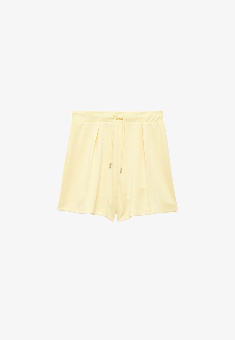 Shorts taille haute jaune clair avec plis devant et taille à cordon, présentés sur fond blanc.