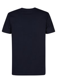 T-shirt a maniche corte blu navy in cotone. Collo rotondo, vestibilità standard, dettagli di cucitura minimi, retro semplice senza grafiche o accenti.