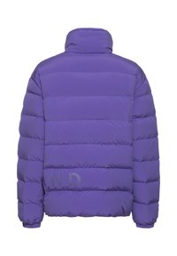 Purple puffer jacket with a high collar, featuring horizontal quilted panels and a small accent logo on the left side. Textured finish.