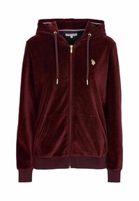 Tmavě červená sametová mikina na zip s předními kapsami, šňůrkami na stažení, žebrovanými manžetami a malým zlatě vyšitým logem na hrudi.