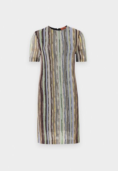 Knit dress with short sleeves, featuring vertical stripes in blue, green, yellow, and brown. Round neckline with a back zipper.