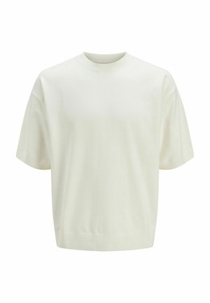 Kortermet, offwhite strikkegenser med ribbestrikket rund hals, mansjetter og kant, vist på en ensfarget hvit bakgrunn.