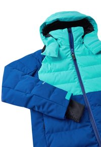 Gestepptes Jacket in Teal- und Blautönen, mit Kapuze, Frontreißverschluss und elastischen Bündchen. Der Oberkörper hat ein gestreiftes Design mit einer glatten Textur.