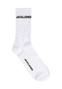 Calcetines de algodón blancos con textura acanalada, que presentan el logo "JACK&JONES" en negro en el puño y la planta.