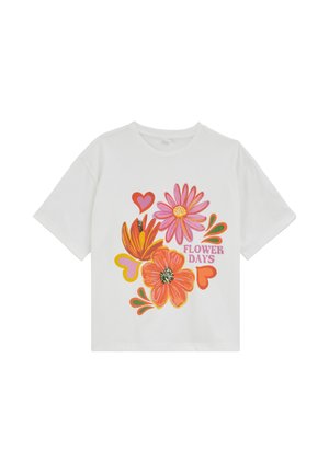 Biała koszulka z krótkim rękawem z kolorowymi pomarańczowymi i różowymi kwiatami, sercami, zielonymi liśćmi oraz napisem "FLOWER DAYS" na przodzie.