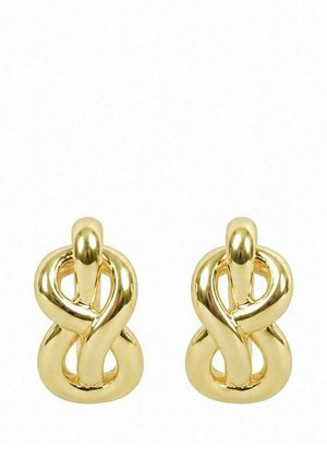 Pair of shiny gold twisted loop earrings with a smooth, polished surface and a rounded, intertwined design.