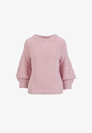 Rosa gestrickter Pullover mit rundem Halsausschnitt, Raglanärmeln und strukturierten Puffärmeln mit Zopfmuster sowie gerippten Bündchen.