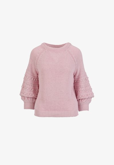 Jersey de punto rosa con cuello redondo, mangas ranglán y mangas abullonadas texturizadas con un patrón de pompones y puños acanalados.