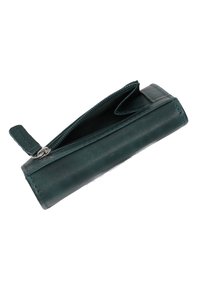 Potloodetui van blauwgroen leer met ritssluiting, rechthoekige vorm, gladde textuur en een klein leren label bevestigd.