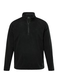 Schwarzer Fleece-Pullover mit langen Ärmeln und halbem Reißverschluss am Ausschnitt. Verfügt über eine weiche Textur und dezente Markenkennzeichnung auf der Brust.
