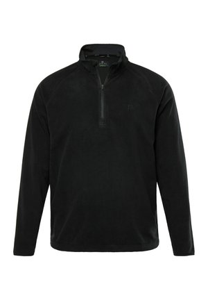 Sort fleece-pullover med lange ærmer og halvlynlås i halsen. Har en blød tekstur og diskret branding på brystet.