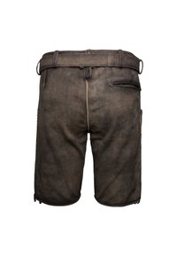 Brown leather shorts with a textured finish. Features a belt, side pocket, and contrast stitching. Zipper closure at the back.