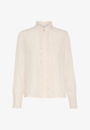 Kremo spalvos bluzonis su aukštu volaniniu apykakle, priekyje užsegamas mygtukais, ilgos rankovės su volanomis ant rankogalių ir lygiu paviršiumi.