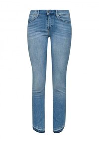 Jeans ajustados en denim azul claro, con un diseño clásico de cinco bolsillos, un ligero desgaste, cierre con cremallera y abertura de pierna estrecha.