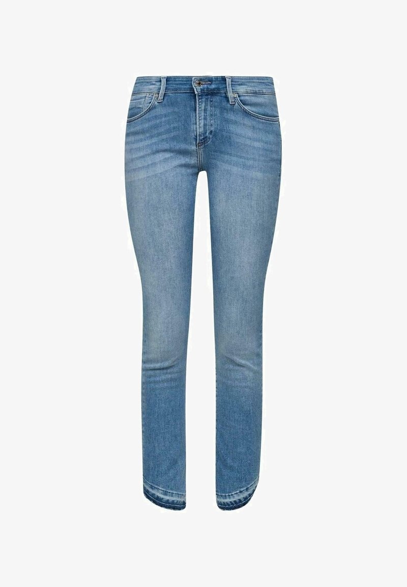 Jeans ajustados en denim azul claro, con un diseño clásico de cinco bolsillos, un ligero desgaste, cierre con cremallera y abertura de pierna estrecha.