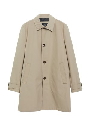 Beiger einreihiger Trenchcoat mit spitzem Kragen, drei Knöpfen, Seitentaschen und geknöpften Riegelmanschetten.