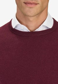 Burgundy neulepaita pyöreällä kaula-aukolla, yhdistetty valkoiseen kauluspaitaan. Pehmeä rakenne, jossa on ribattuja hihansuita ja helmaa.