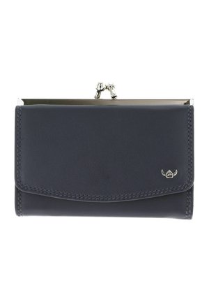 Portefeuille en cuir bleu foncé avec fermeture par clip métallique et petit logo argenté en bas à droite, forme rectangulaire avec rabat arrondi.