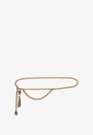 Cintura a catena color oro con decorazioni a nappine e accessori a forma di foglia. Presenta un design intrecciato liscio per una vestibilità regolabile.