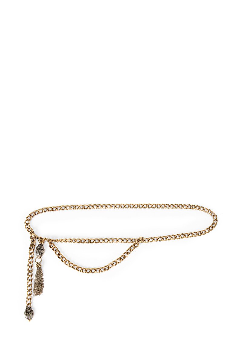 Cintura a catena color oro con decorazioni a nappine e accessori a forma di foglia. Presenta un design intrecciato liscio per una vestibilità regolabile.