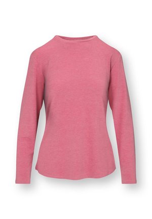 Long-sleeve, crew-neck pink shirt with a slightly curved hem, displayed on a white background.