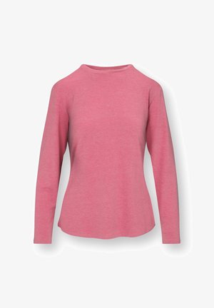 Long-sleeve, crew-neck pink shirt with a slightly curved hem, displayed on a white background.
