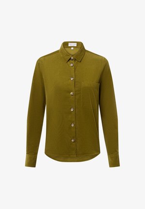 Olive green corduroy shirt with a pointed collar, front button closure, and one chest pocket. Long sleeves with buttoned cuffs.