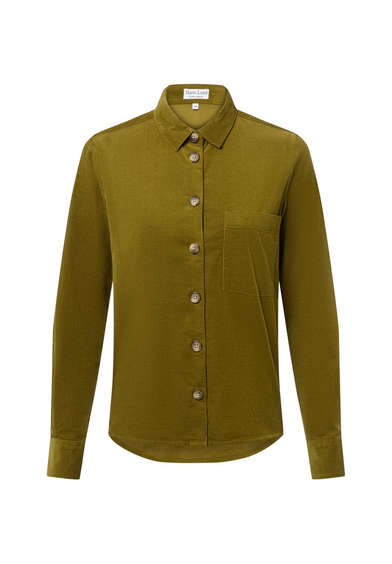 Camicia in velluto a coste verde oliva con colletto a punta, chiusura frontale con bottoni e una tasca sul petto. Maniche lunghe con polsini abbottonati.