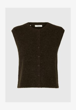 Tamsiai žalia, be rankovių kardiganas, pagamintas iš minkštos, pūkuotos medžiagos. Yra mygtukų užsegimas priekyje, apvaliu kaklu ir subtilia tekstūra.